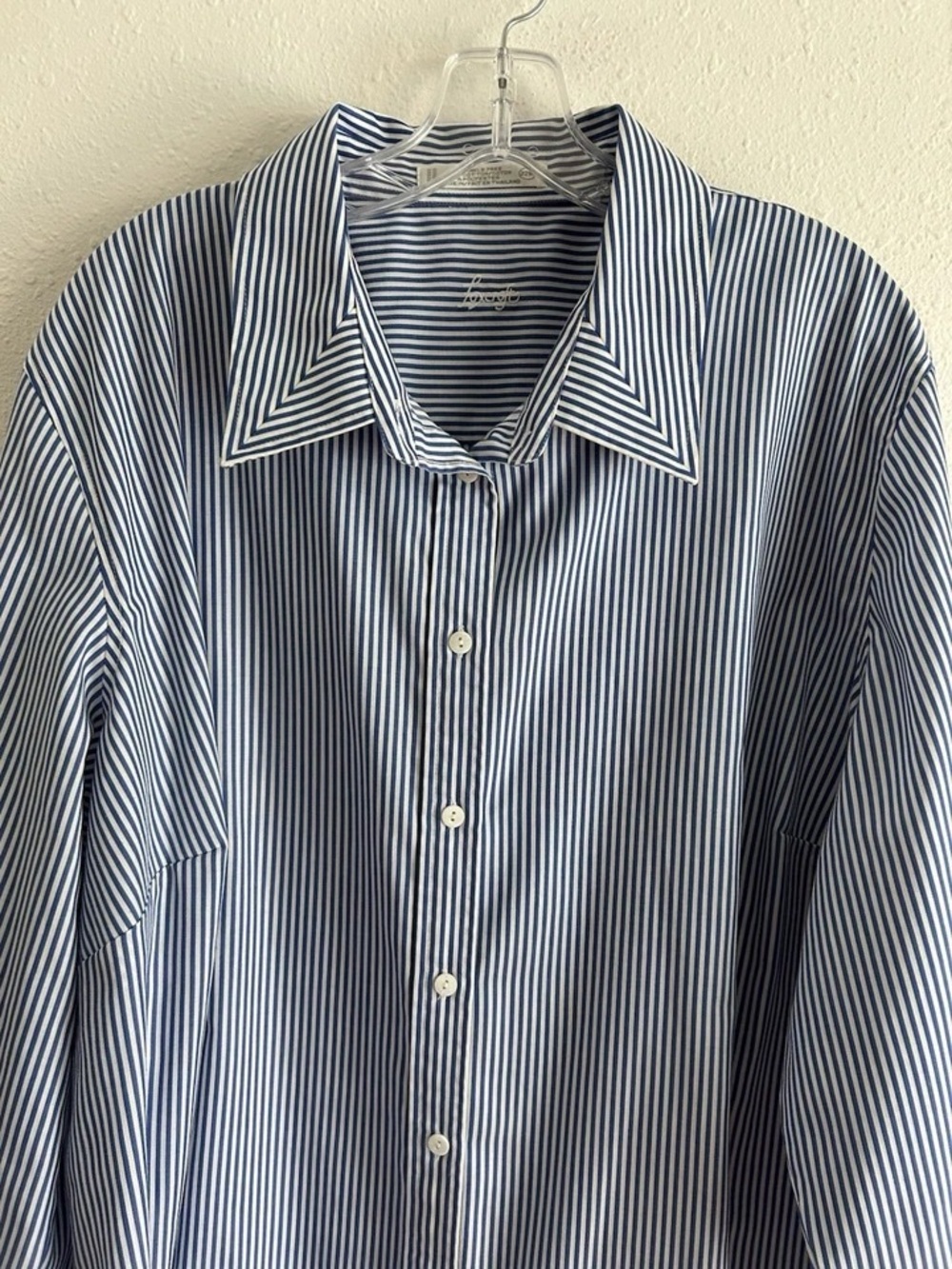 Foxcroft Blue and White Vertical Stripe Button-Down Shirt - Picture 3 of 9